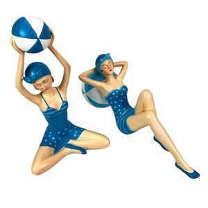 Set 2 Beach Beauties Figurines Aegean Blue Polka Dot Beachball Pinup Decor